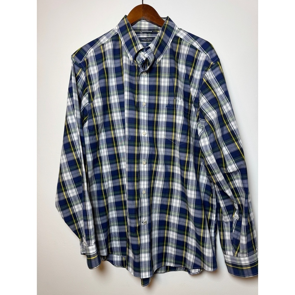 Nautica Mens XL Plaid Button Down Shirt Blue Green Yellow Wrinkle Res Cotton